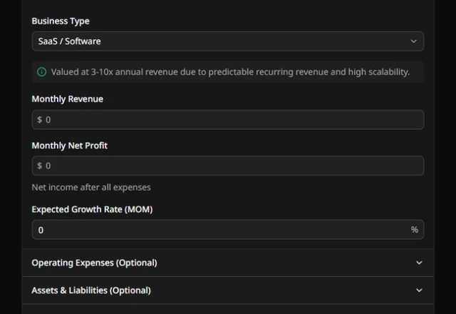 Business Valuation Calculator interface